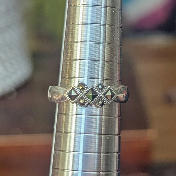 Estate Dainty Marcasite Ring Sterling Silver Minimalist Thin Victorian 925 - Picture 4 of 7